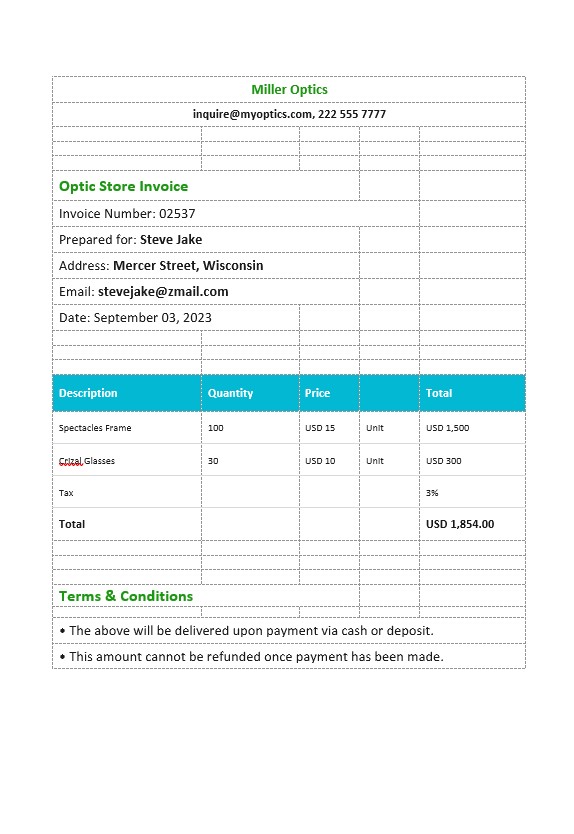 Optical Store Invoice Template PSD template